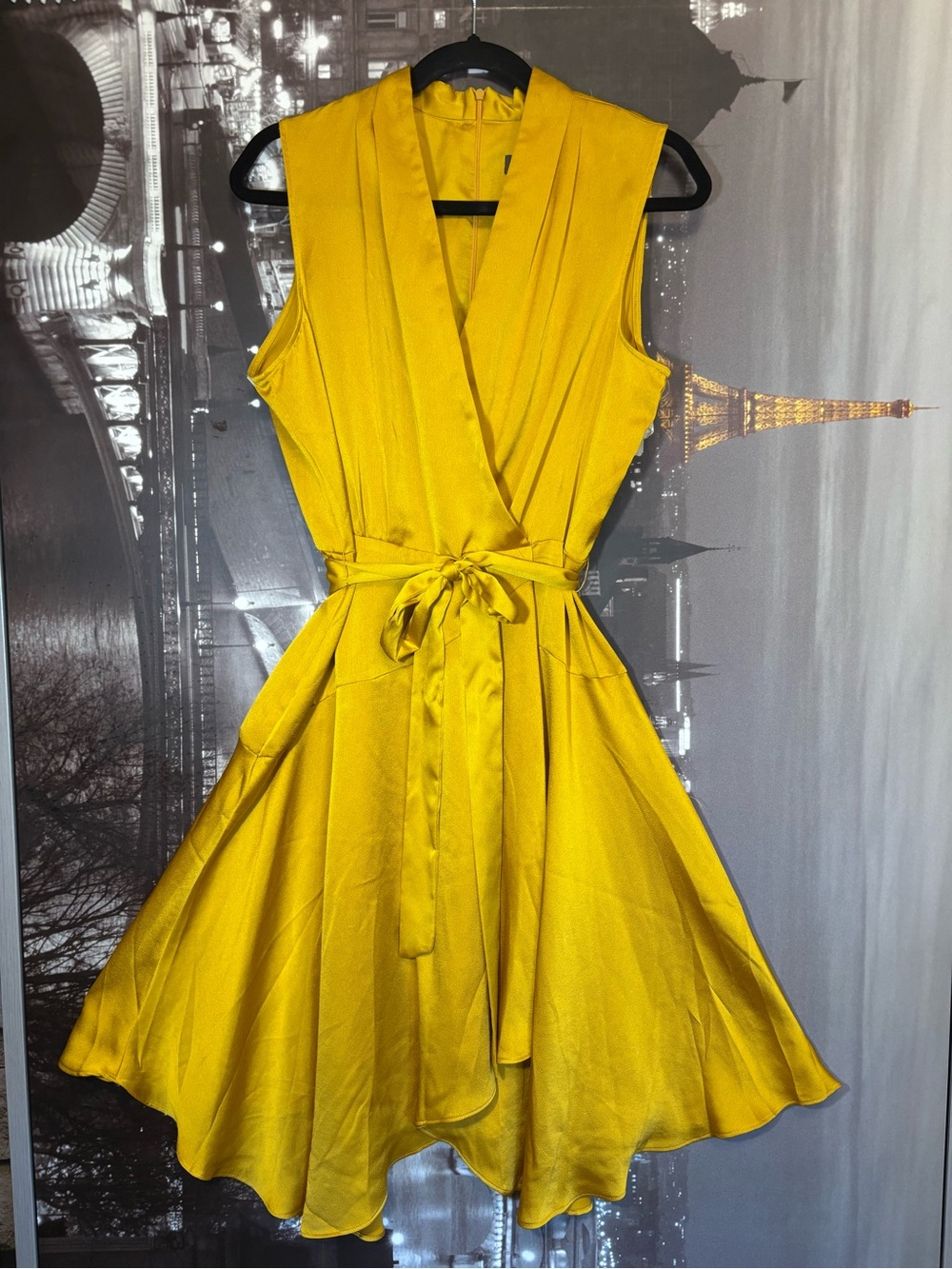 Sleeveless satin festive Mustard High-Low Wrap Dress with Self-Tie Waist